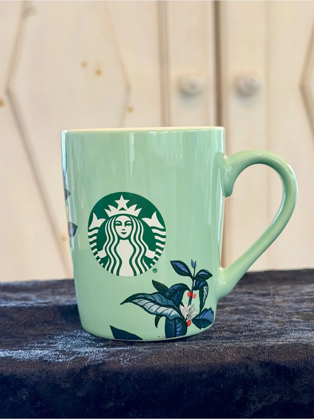 Starbucks Mint Green Ceramic Coffee Mug with Botanical Design